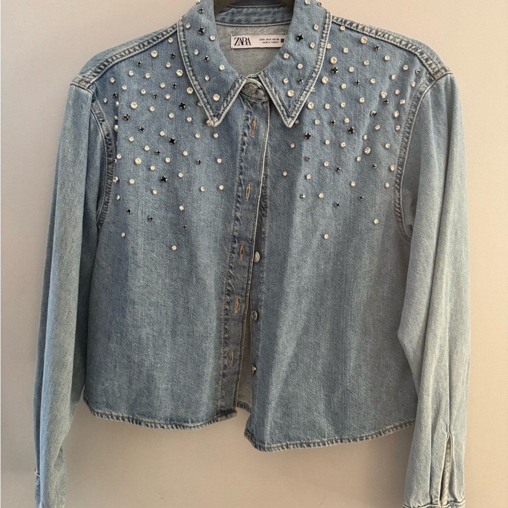 Zara Light Blue Jean Jacket with Pearl Details